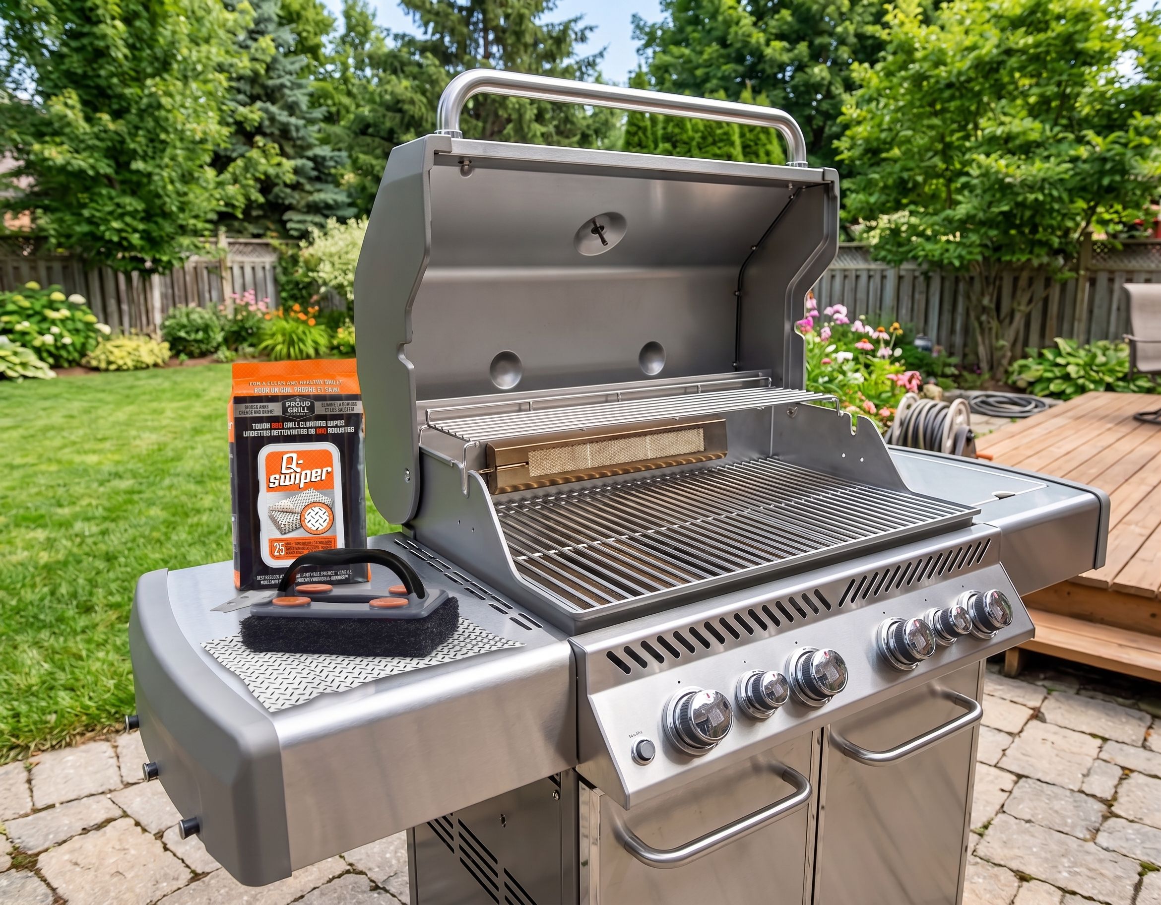 Q-Swiper BBQ Grill Cleaner Set and cleaning wipes on an open stainless steel gas grill in a backyard patio setting